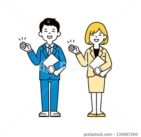 A set of full-body vector illustrations of young male and female business professionals holding laptops and giving explanations/presentations. 138997260