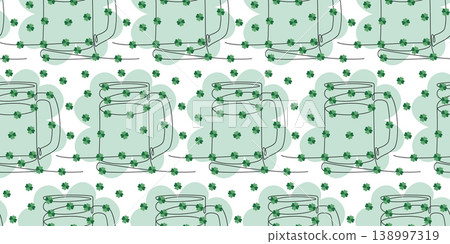 Continuous line Ale mug and quatrefoil clover leaves Seamless Pattern St Patrick Day Banner Format. Isolated Vector illustration Patrick Day Greetings backdrop Themed Cards or Media post, promo banner 138997319