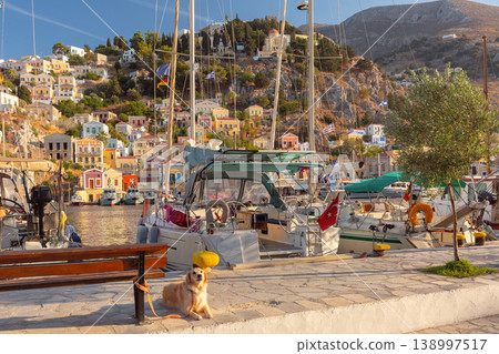 Sailboats in harbor with hillside houses in Symi, Greece Sailboats in harbor with hillside houses in Symi, Greece 138997517