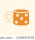 This hand drawn yellow mug features a charming daisy pattern and a unique flower shaped handle. The whimsical ceramic style illustration is perfect for cozy kitchen decor and cafe themed projects 138997638