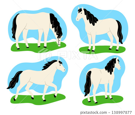 White horses black mane grazing pasture lush green grass flat cartoon style. Elegant equine trot seamless. Wild stallion colorful riding. Peaceful animal lifestyle nature 138997877
