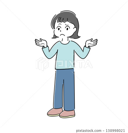A simple full-body illustration of a woman with her arms outstretched and a troubled expression (trouble, distress, question, helplessness, character image). 138998021