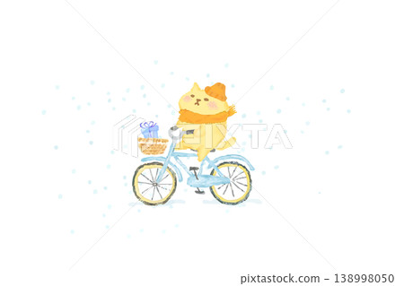 冬日里，一隻可愛的貓咪騎著腳踏車－水彩插畫素材 138998050