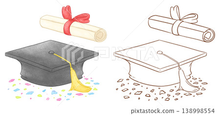 Graduation hat and graduation certificate painted in charcoal pencil style; Graduation hat and graduation certificate outline Graduation hat and graduation certificate painted in charcoal pencil style; Graduation hat and graduation certificate outline 138998554