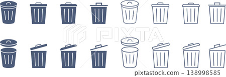 A set of assets for a trash can with a lid and handle, and an open icon. A set of assets for a trash can with a lid and handle, and an open icon. 138998585
