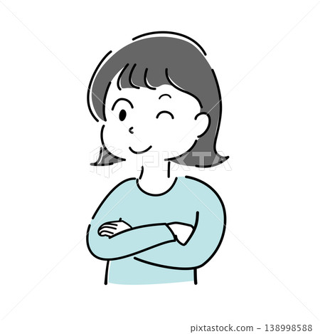 簡筆畫：一位女性上半身，雙臂交叉，眨眼（用於指導、解釋、建議和人物素材圖片） 138998588