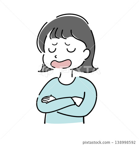 Simple illustration of a woman talking with her arms crossed (explanation, resignation, exasperation, confusion, character stock image) 138998592
