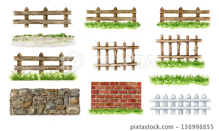 Fence clipart watercolor illustration set with wooden brick and stone borders, hand drawn rustic elements for garden design, seamless decoration, isolated on white background Fence clipart watercolor illustration set with wooden brick and stone borders, hand drawn rustic elements for garden design, seamless decoration, isolated on white background 138998855