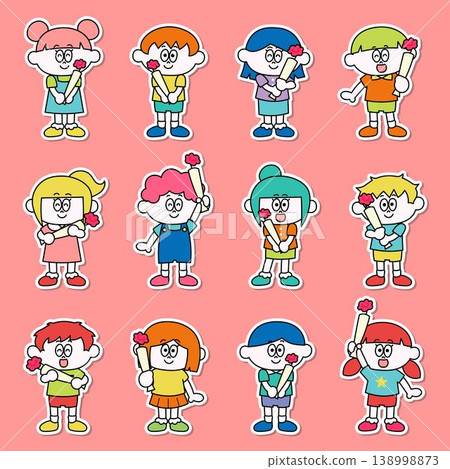 A set of illustrations featuring children holding flowers, with borders. A set of illustrations featuring children holding flowers, with borders. 138998873