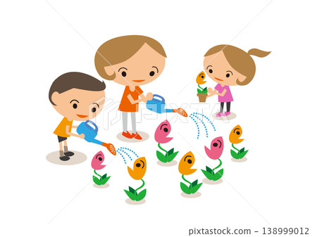 A heartwarming and gentle illustration depicting a parent and child watering flowers together in everyday life. 138999012