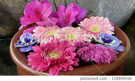 四月,水池中擺放著色彩繽紛的花(非洲菊、三色堇、杜鵑花、康乃馨)<菅尾神宮/愛知縣岡崎市> 四月,水池中擺放著色彩繽紛的花(非洲菊、三色堇、杜鵑花、康乃馨)<菅尾神宮/愛知縣岡崎市> 138999500