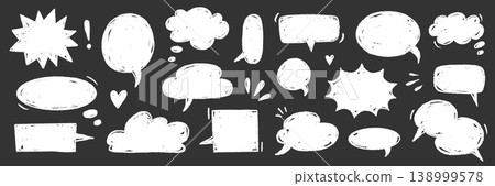 Speech doodle chalk balloon set. Speech doodle hand drawn crayon sketch on chalkboard . Balloon cloud text frame cartoon sticker comic dialog on vintage school blackboard. Vector Speech doodle chalk balloon set. Speech doodle hand drawn crayon sketch on chalkboard . Balloon cloud text frame cartoon sticker comic dialog on vintage school blackboard. Vector 138999578