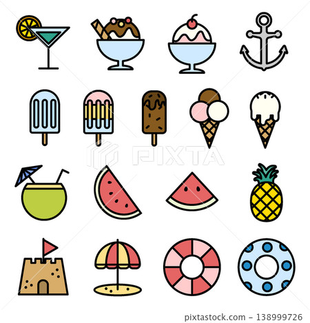 Summer Vacation Icon Set - Colored Outline Summer Vacation Icon Set - Colored Outline 138999726