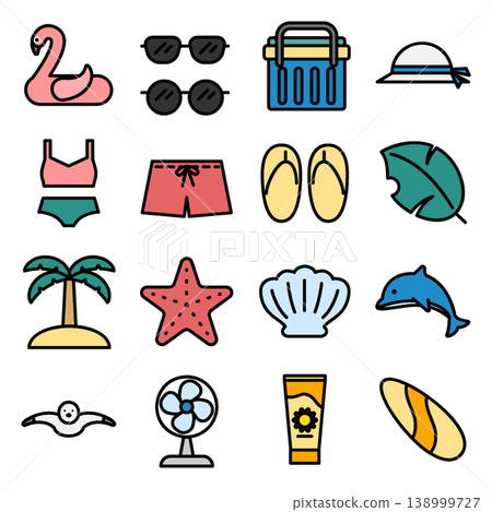 Summer Vacation Icon Set - Colored Outline 138999727