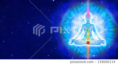 冥想瑜珈插圖,描繪脈輪,左側留白 | 靈性/宇宙背景 冥想瑜珈插圖,描繪脈輪,左側留白 | 靈性/宇宙背景 139000114