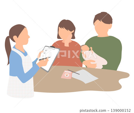 一對父母帶著嬰兒尋求育兒建議的場景。 一對父母帶著嬰兒尋求育兒建議的場景。 139000152
