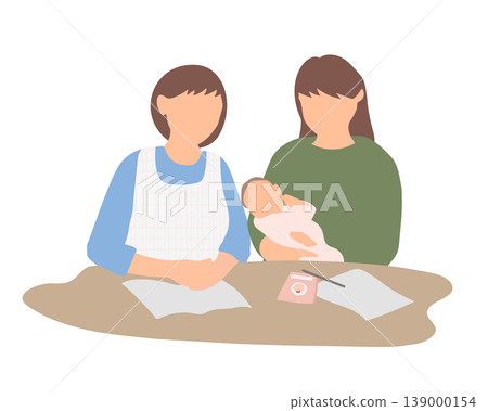 A scene of childcare consultation using the maternal and child health handbook. A scene of childcare consultation using the maternal and child health handbook. 139000154