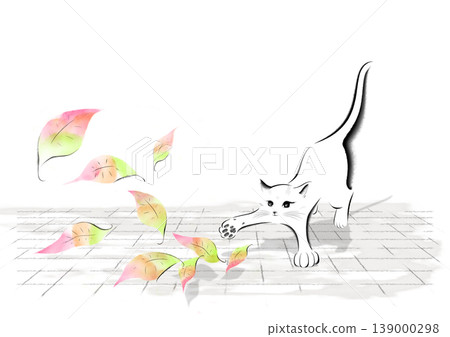 A cat playing with fallen leaves swirling in the wind on the cobblestone street. 139000298