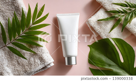 Body lotion moisturizer skincare cosmetic tube towel leaf spa wellness Minimal flat lay composition with blank cosmetic tube, towel, green leaf pink background, fresh spa skincare concept 139000338