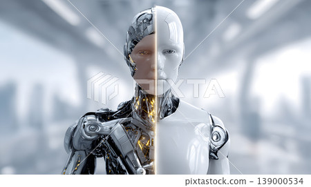 Robot android humanoid artificial intelligence cyborg technology future science fiction robotics machine portrait of half human half robot face with metal and white shell, futuristic laboratory 139000534