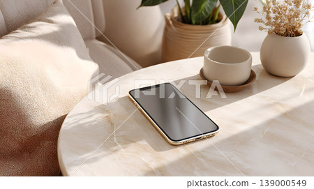 Smartphone coffee cup marble table cozy interior natural light living room minimal modern plant home decor morning sunlight smartphone near coffee cup marble table beside sofa and plant Smartphone coffee cup marble table cozy interior natural light living room minimal modern plant home decor morning sunlight smartphone near coffee cup marble table beside sofa and plant 139000549