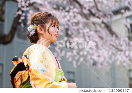 一位身穿和服的 20 歲女性的側面像,背景是盛開的櫻花和一件振袖(長袖和服)。 一位身穿和服的 20 歲女性的側面像,背景是盛開的櫻花和一件振袖(長袖和服)。 139000597