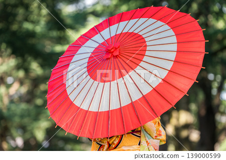 在成年禮上，穿著和服或振袖（長袖和服）並手持傳統日本傘的女性。 139000599
