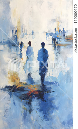 Abstract painting silhouette couple blue white reflection urban street rain, expressive contemporary artwork with two walking figure, soft texture, moody atmosphere, modern wall art, serene city Abstract painting silhouette couple blue white reflection urban street rain, expressive contemporary artwork with two walking figure, soft texture, moody atmosphere, modern wall art, serene city 139000670