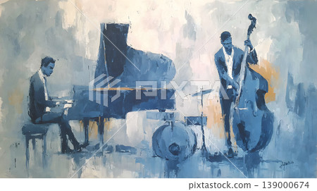 Jazz musician piano double bass drummer trio performance nightclub painting moody blue jazz trio performance with pianist grand piano, double bass player, and drum kit smoky nightclub atmosphere 139000674