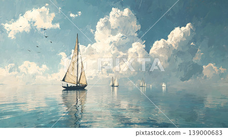 Sailboat seascape ocean calm water blue sky cloud horizon reflection sailing tranquil Seascape painting with sailboat gliding across calm ocean, blue sky filled with towering cloud, soft sunlight Sailboat seascape ocean calm water blue sky cloud horizon reflection sailing tranquil Seascape painting with sailboat gliding across calm ocean, blue sky filled with towering cloud, soft sunlight 139000683