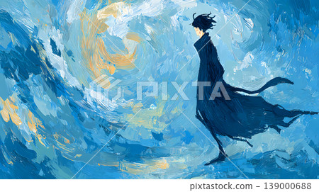 Surreal painting lone woman windy sky blue abstract swirling cloud flowing coat expressive brushstroke dreamlike art fantasy scene solitude mood, young adult woman walking through swirling blue Surreal painting lone woman windy sky blue abstract swirling cloud flowing coat expressive brushstroke dreamlike art fantasy scene solitude mood, young adult woman walking through swirling blue 139000688