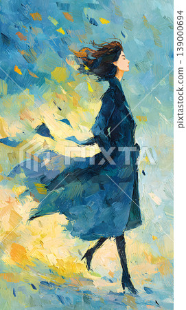 Woman wind coat autumn profile walking painting brushstroke illustration Woman walking wind wearing coat, autumn atmosphere, profile view, expressive brushstroke painting style, flowing hair Woman wind coat autumn profile walking painting brushstroke illustration Woman walking wind wearing coat, autumn atmosphere, profile view, expressive brushstroke painting style, flowing hair 139000694