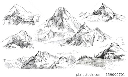 Mountain sketch mountain range hand drawn line art black and white landscape peak summit ridge Mountain sketch collection featuring rugged peaks, alpine ridges, snowy summit lines, monochrome hand 139000701