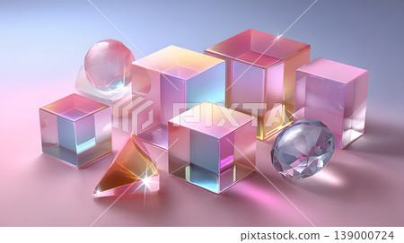 Abstract glass cube crystal gemstone 3d render pastel iridescent prism reflection soft light dreamy modern background with transparent geometric shapes, glossy surface, sparkle highlights Abstract glass cube crystal gemstone 3d render pastel iridescent prism reflection soft light dreamy modern background with transparent geometric shapes, glossy surface, sparkle highlights 139000724