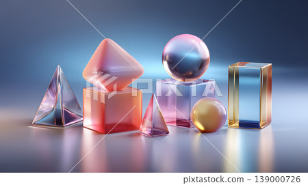 Abstract geometric shape 3d render glass prism sphere cube pastel color gradient background reflective surface minimalist still life with translucent objects, soft studio lighting, modern design Abstract geometric shape 3d render glass prism sphere cube pastel color gradient background reflective surface minimalist still life with translucent objects, soft studio lighting, modern design 139000726