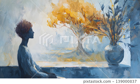 Silhouette woman window autumn tree vase flower painting interior serene mood, female figure sits by bright window beside vase of dried flowers, watching autumn tree in soft oil paint style Silhouette woman window autumn tree vase flower painting interior serene mood, female figure sits by bright window beside vase of dried flowers, watching autumn tree in soft oil paint style 139000837