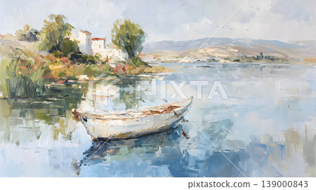 Lake boat watercolor landscape reflection calm Lakeside boat watercolor landscape reflection calm, serene lakeshore with small rowboat floating still water, soft brushstroke painting with distant Lake boat watercolor landscape reflection calm Lakeside boat watercolor landscape reflection calm, serene lakeshore with small rowboat floating still water, soft brushstroke painting with distant 139000843