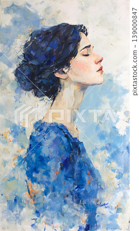 Woman profile portrait painting blue serene Woman profile portrait painting blue serene, fine art illustration of young adult female with dark hair bun, eyes closed, calm mood, soft textured Woman profile portrait painting blue serene Woman profile portrait painting blue serene, fine art illustration of young adult female with dark hair bun, eyes closed, calm mood, soft textured 139000847