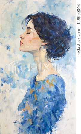 Portrait woman profile painting blue serene Portrait painting of woman profile with eyes closed, blue dress, soft pastel background, textured brushstroke style, calm serene mood, fine art Portrait woman profile painting blue serene Portrait painting of woman profile with eyes closed, blue dress, soft pastel background, textured brushstroke style, calm serene mood, fine art 139000848
