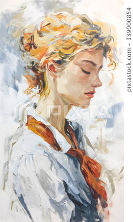 Portrait woman profile painting oil blonde hair serene artistic close up watercolor style, portrait painting of blonde woman profile with eyes closed, soft brushstroke texture, warm light Portrait woman profile painting oil blonde hair serene artistic close up watercolor style, portrait painting of blonde woman profile with eyes closed, soft brushstroke texture, warm light 139000854