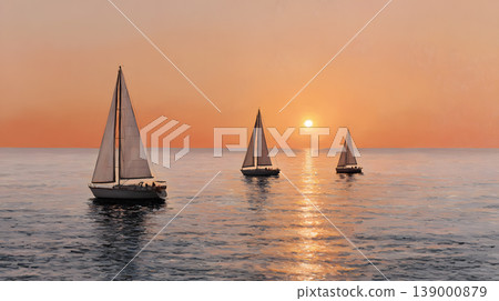 Sailboat sunset sea sailing ocean sail horizon reflection sky yacht at golden hour, three sailboat glide on calm water under orange sky, serene marine travel scene with warm light and peaceful mood 139000879