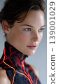 Portrait woman futuristic cyberpunk glowing bodysuit neon technology blue eye closeup futuristic portrait of young adult woman wearing black neon glowing bodysuit, blue eye and calm confident 139001029