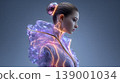 Futuristic woman cyberpunk neon light holographic jacket sci fi 3d render portrait profile fashion, female model glowing transparent clothing with purple illumination, sleek hair bun 139001034