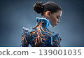 Cyborg woman futuristic portrait android neon light cyberpunk artificial intelligence robot technology sci fi human profile with glowing circuit lines metallic body suit, sleek hairstyle 139001035