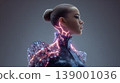 Futuristic cyborg woman profile neon cyberpunk android technology portrait female head and shoulder portrait of futuristic cyborg woman profile, neon light circuit glow neck and metallic armor 139001036