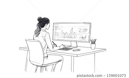 Businesswoman analyzing data on computer at office desk Businesswoman analyzing data on computer at office desk 139001073