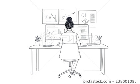 Businesswoman analyzing data at office desk setup Businesswoman analyzing data at office desk setup 139001083