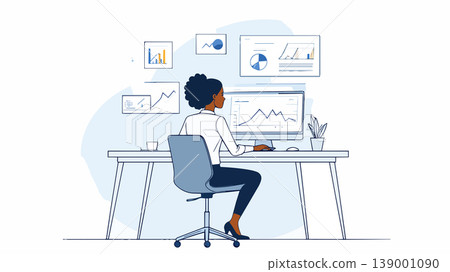 Black businesswoman analyzing data working online at desk 139001090