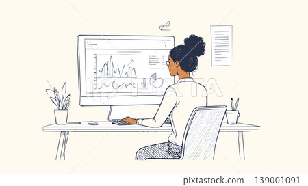 Business woman analyzing data on computer at desk 139001091