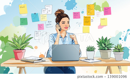 Woman working remotely communicating on smartphone from desk 139001096